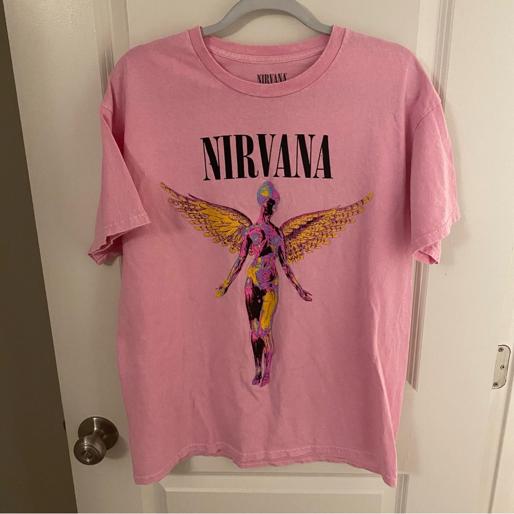 NIRVANA Pink Tee with Yellow Angel Graphic